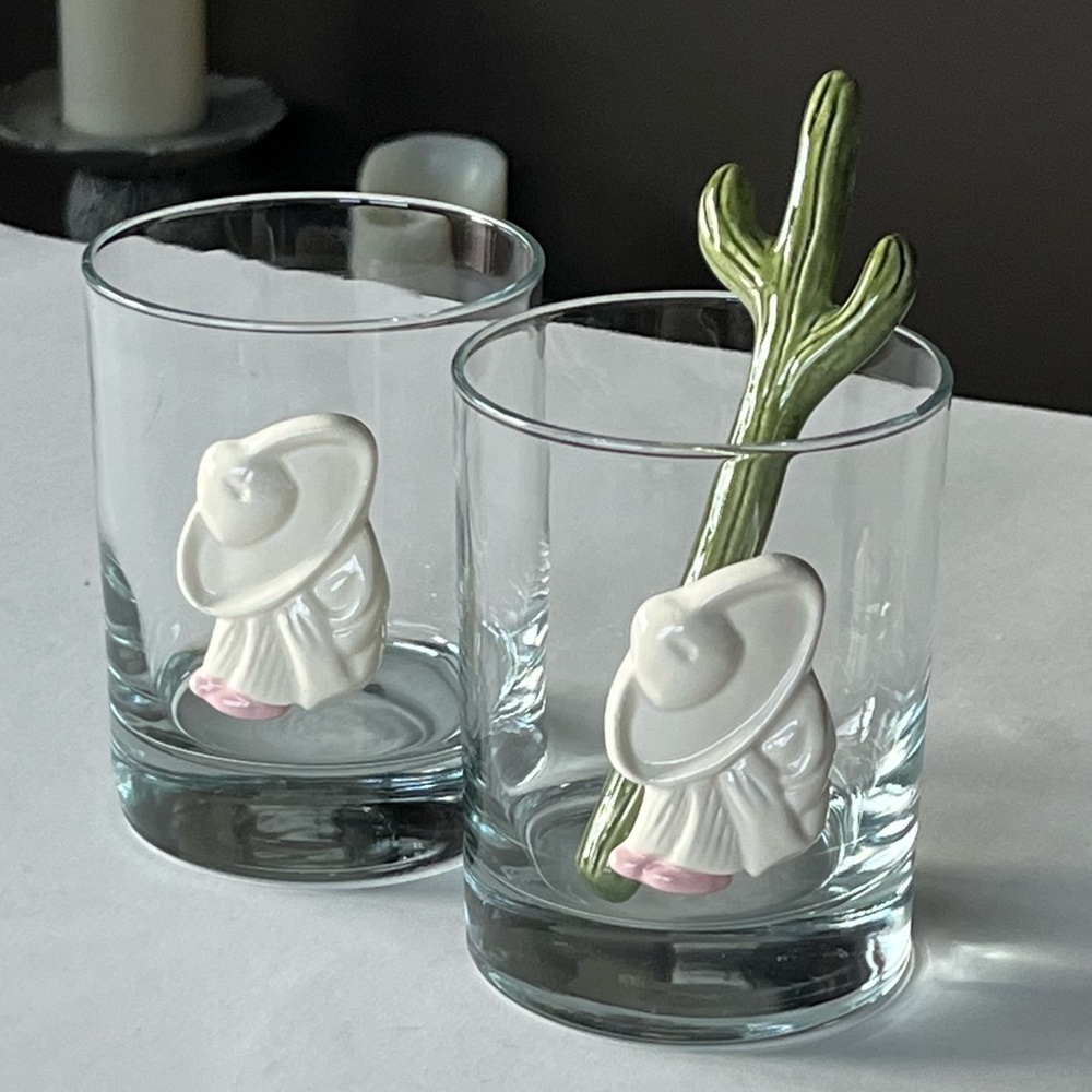Set of weighted blown glass tequila bar ware with “Sleeping Pedro” sombrero man